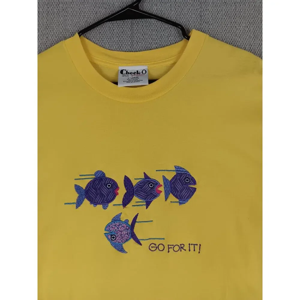 Cheek-O Sportswear Tee Womens‎ XL Yellow Embroidered Fish Go For It! USA Made - Picture 5 of 11